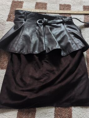 Vakko Brown Leather Peplum Skirt